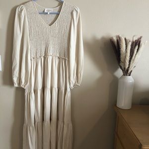 Bohme smocked tiered midi dress in ivory